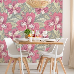 Beautiful pink flowers wallpaper, peel and stick wallpaper mural, floral home decor, removable temporary wallpaper, wall decor