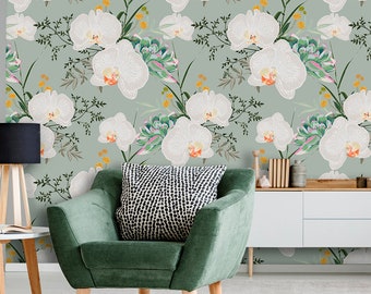 Weiße Tapete mit Orchideen, Schälen und aufkleben Wandbild, schöne florale Wanddeko, temporäre Tapete, Wohndekor