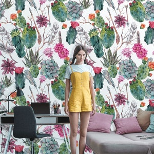 Carta da parati floreale Boho, carta da parati a buccia e bastone, motivo tropicale con foglia di banana, carta da parati cactus, carta da parati rimovibile, decorazioni per la casa