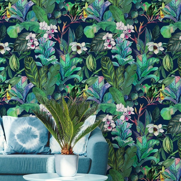 Tropical removable wallpaper, peel and stick wallpaper, watercolor patten in  vintage style, self adhesive wall mural, home decor