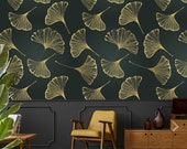 Gold leafs art wallpaper, gold leafs, floral wallpaper, temporary wallpaper, banana leaf print, boho wallpaper, dark wallpaper, palm leafs