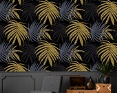 Gold palm leafs wallpaper, gold leaf, floral wallpaper, temporary wallpaper, banana leaf print, boho wallpaper, dark wallpaper, palm leaf