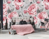 Red watercolor peony wallpaper, drop leaf table, boho wallpaper, nursery wallpaper, watercolor wallpaper, wallpaper roll, vintage wallpaper