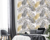 Leafs art wallpaper, gold leafs, floral wallpaper, boho wallpaper, nursery wallpaper, temporary wallpaper, banana leaf print, boho wallpaper