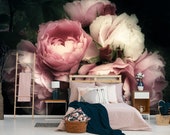 Pink rose removable wallpaper, dark floral mural, blush wall decor, floral bouquet, temporary wallpaper, peony wall sticker, peel and stick