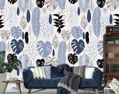 Exotic leaf wallpaper, monstera leaf, boho wallpaper, artificial fruit, tropical wallpaper, palm leaf, nursery wallpaper, drop leaf table