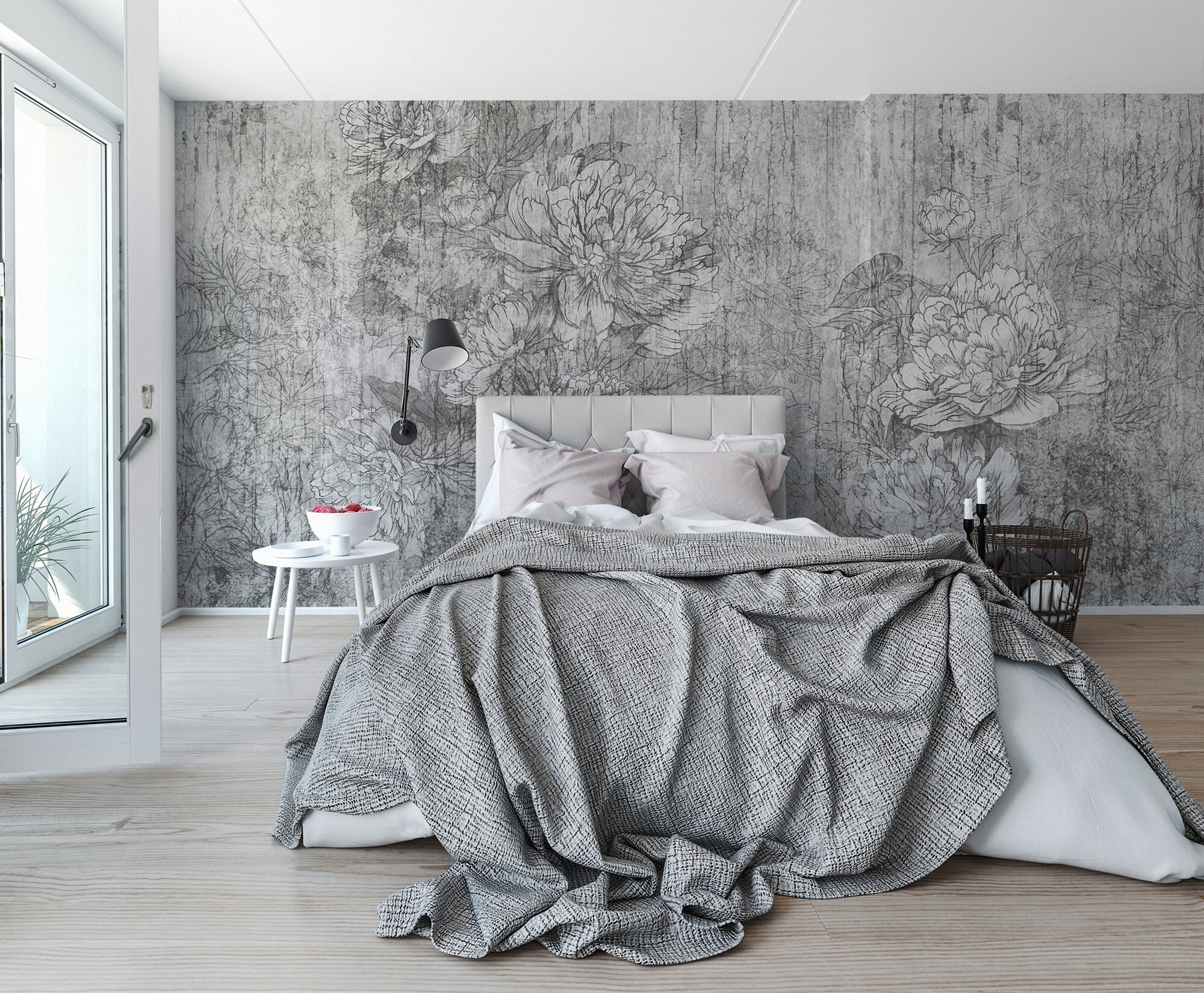 Grunge floral wallpaper, flowers on concrete background wall mural, self adhesive, peel and stick, removable or traditional, vinyl wallpaper