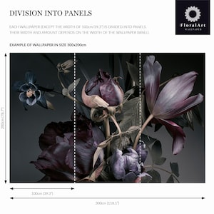 May include: A floral wallpaper mural featuring dark purple and muted violet flowers against a charcoal background. The image includes text: DIVISION INTO PANELS, EACH WALLPAPER (EXCEPT THE WIDTH OF 100cm/39.3") IS DIVIDED INTO PANELS, THEIR WIDTH AND AMOUNT DEPENDS ON THE WIDTH OF THE WALLPAPER (WALL), EXAMPLE OF WALLPAPER IN SIZE 300x200cm, FloralArt WALLPAPER. Dimensions are 300cm (118.1 inches) by 200cm (78.7 inches).