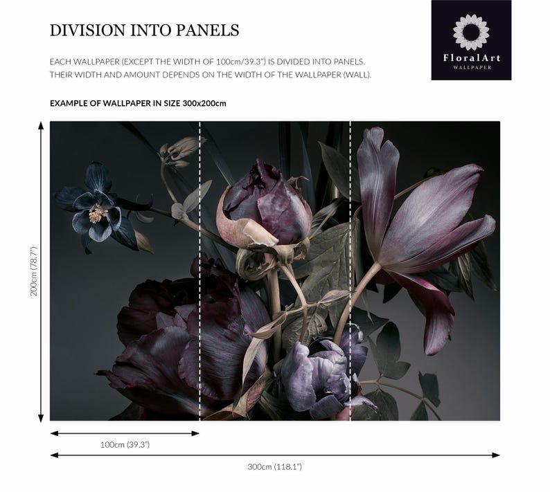 May include: A floral wallpaper mural featuring dark purple and muted violet flowers against a charcoal background. The image includes text: DIVISION INTO PANELS, EACH WALLPAPER (EXCEPT THE WIDTH OF 100cm/39.3") IS DIVIDED INTO PANELS, THEIR WIDTH AND AMOUNT DEPENDS ON THE WIDTH OF THE WALLPAPER (WALL), EXAMPLE OF WALLPAPER IN SIZE 300x200cm, FloralArt WALLPAPER. Dimensions are 300cm (118.1 inches) by 200cm (78.7 inches).