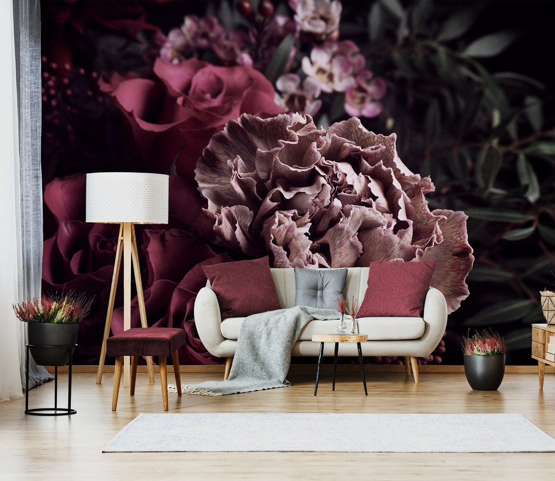 Dark Floral Wall Mural With Bouquet of Flowers, Self Adhesive Removable