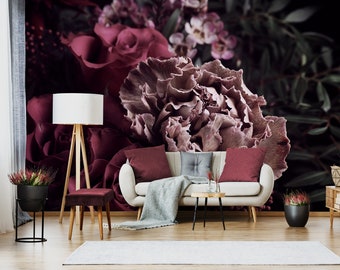 Dark floral wall mural with bouquet of flowers, self adhesive removable wallpaper, peel and stick temporary wallpaper, floral wall decor