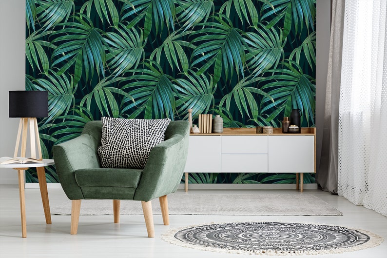 Dark green leaves wallpaper peel and stick palm leaf wall | Etsy