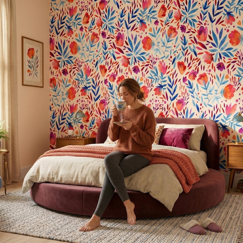May include: A round, dark red velvet bed frame featuring a beige duvet, a textured orange throw blanket, and a dark red velvet pillow. The bed is positioned against a wall covered in wallpaper with a colourful floral pattern of red and blue.