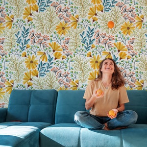 Bohemian floral wallpaper, peel and stick wall mural, self adhesive wallpaper, vintage flroal pattern, removable wallpaper zdjęcie 5