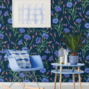 Cornflower watercolor blue floral wallpaper, botanical wall mural, self adhesive, peel and stick, removable or traditional, vinyl wallpaper