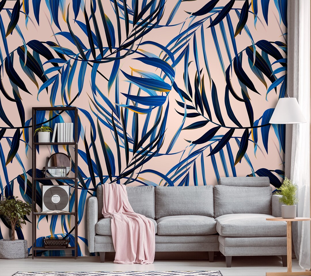 Tropical Wallpaper With Blue Palm Leaves, Peel and Stick Wall Mural