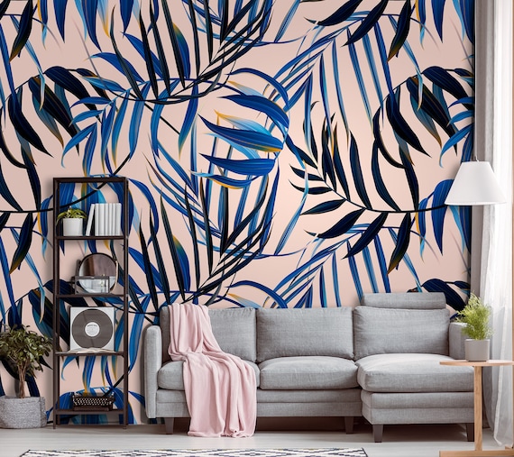 Tropical Wallpaper With Blue Palm Leaves Peel And Stick Wall Etsy