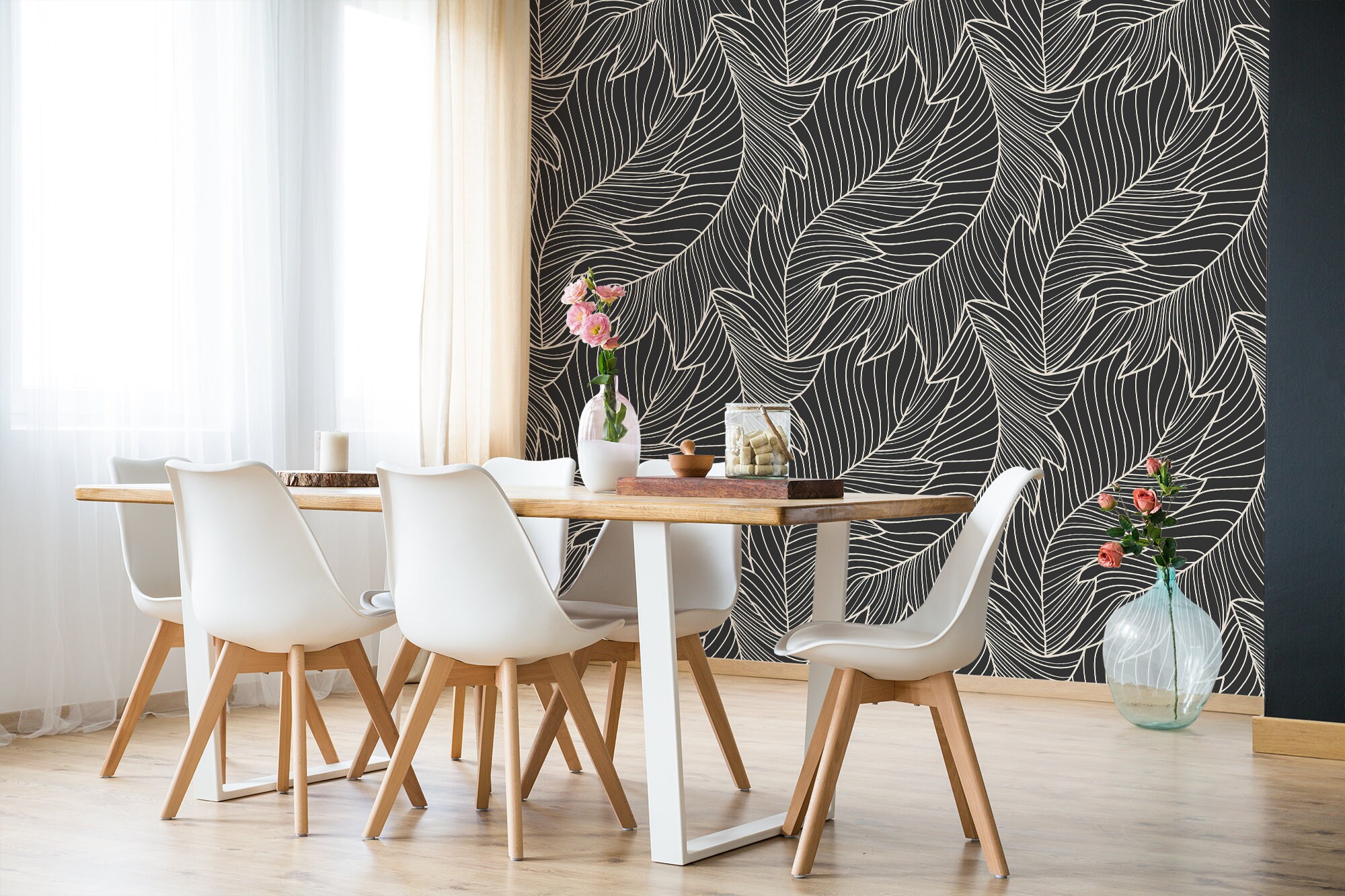 Tropical Wallpaper With Dark Palm Leaf Pattern, Peel and Stick Wall ...