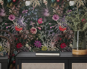 Dark botanic floral wallpaper, watercolor pattern wallpaper, self adhesive, peel and stick, removable or traditional, vinyl wallpaper