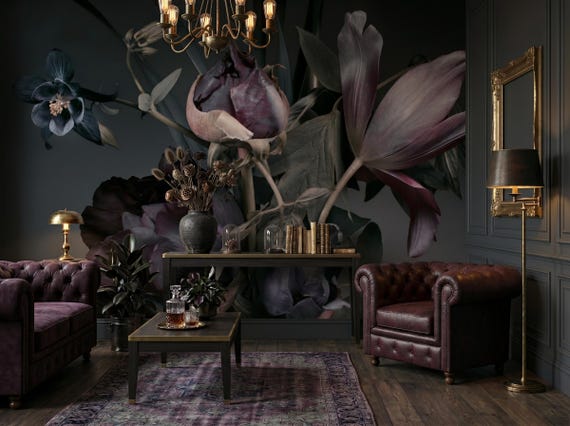 Dramatic floral wallpaper, dark botanical mural, peonies and tulips, wall art, home decor, self adhesive peel and stick or traditional vinyl