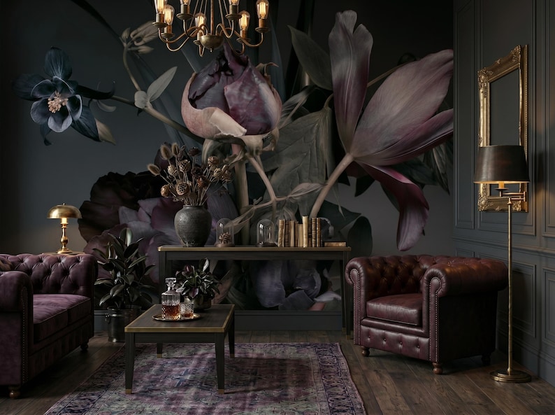 Dramatic floral wallpaper, dark botanical mural, peonies and tulips, wall art, home decor, self adhesive peel and stick or traditional vinyl image 1