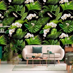 Tropische Tapete mit Orchidee Blume und Schmetterling, Peel and Stick Wand wandbild, abnehmbare Tapete, Wohndekor