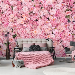 Carta da parati Wall of the Roses, carta da parati floreale rosa, autoadesiva, stacca e incolla, rimovibile o tradizionale, carta da parati in vinile