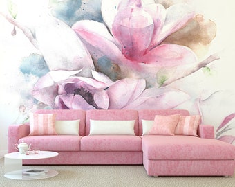 Pastellfarbene Blumentapete, selbstklebende entfernbare Tapete, Blumenwandkunst in Aquarellfarbe, Tapete zum Abziehen und Aufkleben, Blumenwanddekor