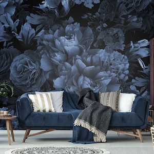 Dunkelblaue Blumentapete, Gartenblumen auf dunklem Hintergrund, selbstklebend, schälen und aufkleben, abnehmbar oder traditionell, Vinyltapete