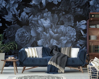 Dark blue floral wallpaper, garden flowers on dark background, self adhesive, peel and stick, removable or traditional, vinyl wallpaper