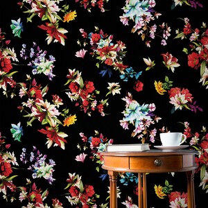 Donker behang met bloemenboeketten, plakbehang, bladprint, zelfklevend, verwijderbaar, wanddecoratie