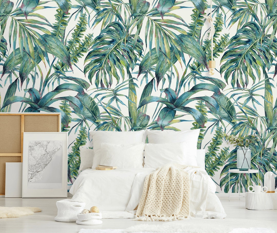 Fresh Tropical Wallpaper, Peel and Stick Wall Mural, Watercolor Pattern