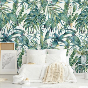 Fresh tropical wallpaper, peel and stick wall mural, watercolor pattern, leaf print, removable temporary wallpaper#