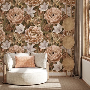 Floral wallpaper in autumn colors, self adhesive wallpaper, flower wall mural, peel and stick removable wallpaper, wall decor