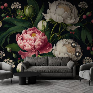 Carta da parati murale con fiori vintage scuri, carta da parati con fiori di peonia, autoadesiva, staccabile e attaccabile, rimovibile o tradizionale, carta da parati in vinile