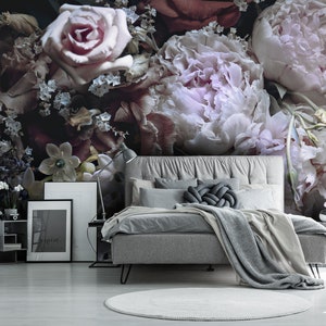 Peony flower wallpaper, peel and stick wallpaper, dark floral wall decor, self adhesive temporary wallpaper, home decor#