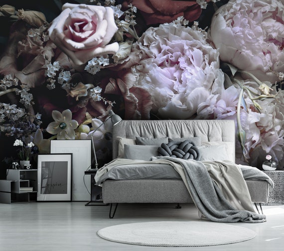 Peony Flower Wallpaper Peel and Stick Wallpaper Dark Floral - Etsy Peony Flower Wallpaper Peel and Stick Wallpaper Dark Floral - Etsy