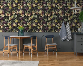 Dark vintage wallpaper with fruits, retro style wall mural, self adhesive, peel and stick, removable or traditional, vinyl wallpaper