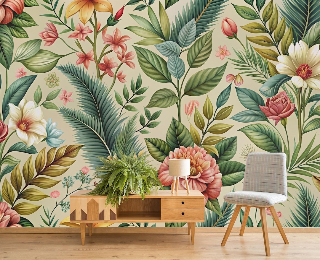 Buy Green Floral and Leaves Wallpaper, Vintage Botanical Wall Mural