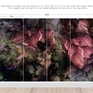 May include: Abstract floral wallpaper with a dark background and pink, green, and purple hues. The wallpaper is divided into panels for easier installation. The number and width of the panels depend on the size of the wallpaper.