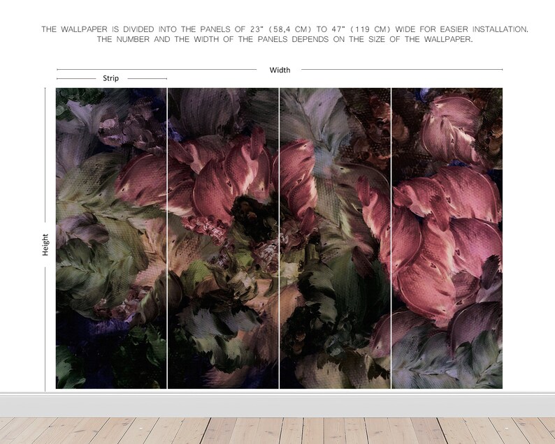May include: Abstract floral wallpaper with a dark background and pink, green, and purple hues. The wallpaper is divided into panels for easier installation. The number and width of the panels depend on the size of the wallpaper.