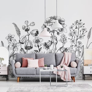 Drawn flowers in black and white wall mural, self adhesive removable wallpaper, wallpaper peel and stick wallpaper, wall decor
