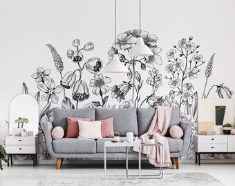 Drawn flowers in black and white wall mural, self adhesive removable wallpaper, wallpaper peel and stick wallpaper, wall decor