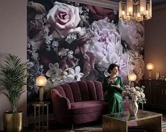 Peony flower wallpaper, botanical wallpaper, dark floral wall decor, self adhesive peel and stick or traditional vinyl