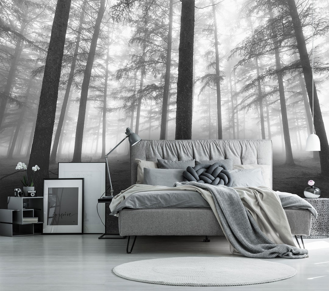Dark Forest Wall Mural, Black and White Tree Wallpaper, Self Adhesive ...