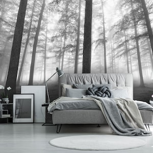Dark forest wall mural, black and white tree wallpaper, self adhesive removable wallpaper, peel and stick wallpaper, wall decor