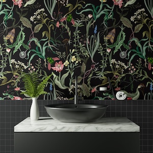 Carta da parati da giardino notturno, fiori selvatici e insetti, sfondo nero, autoadesiva, stacca e incolla, rimovibile o tradizionale, carta da parati in vinile