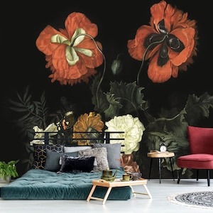 Poppy flowers wall mural, peel and stick wallpaper, dutch floral painting wall mural, temporary removable wallpaper, home decor#