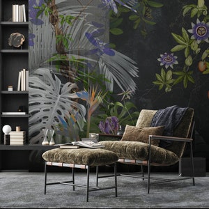 Tropical plant wallpaper, flowers and leaves, grunge background, self adhesive, peel and stick, removable or traditional, vinyl wallpaper