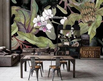 Mural de pared de jungla, mural de pared despegable y pegable, patrón de acuarela vintage de plantas tropicales y pantera negra, papel tapiz removible temporal